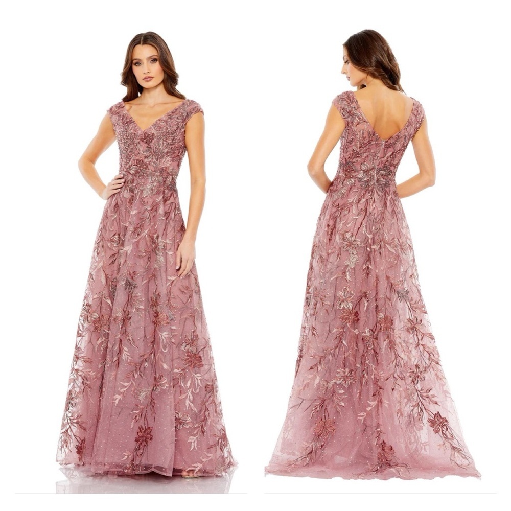 Mac Duggal Rose Pink Embroidered Floral Maxi Gown